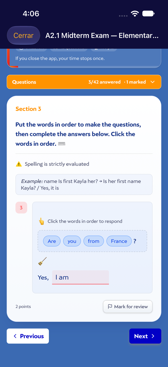Un examen dentro de la app: pregunta para ordenar palabras y completar la respuesta