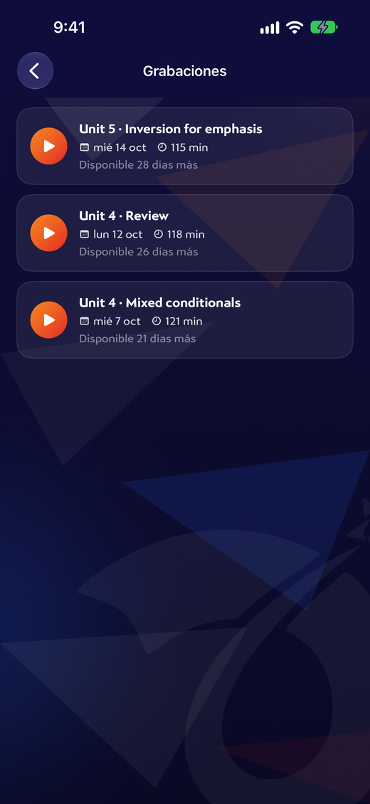 Pantalla de Grabaciones de la app: las clases de tu grupo para verlas de nuevo
