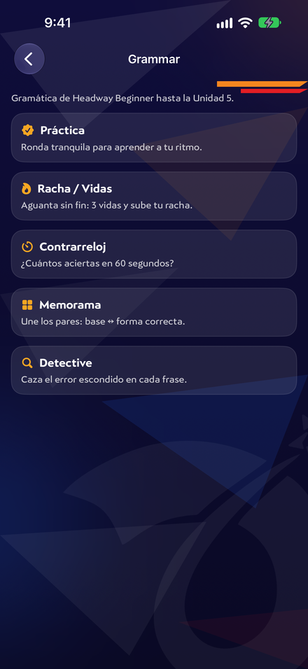 Pantalla de Grammar en la app: Práctica, Racha, Contrarreloj, Memorama y Detective
