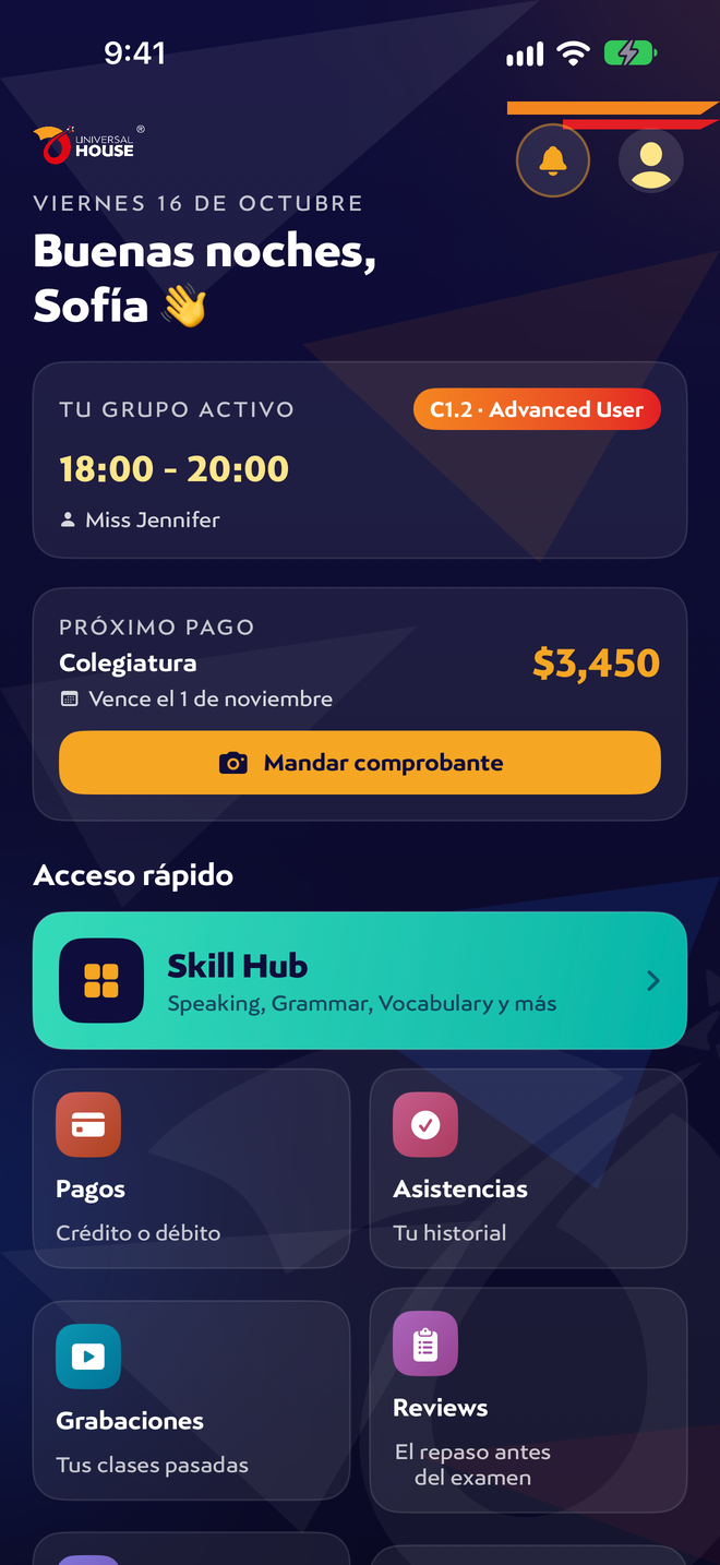 Pantalla de Inicio de la app de Universal House: tu grupo activo, tu próximo pago y accesos rápidos