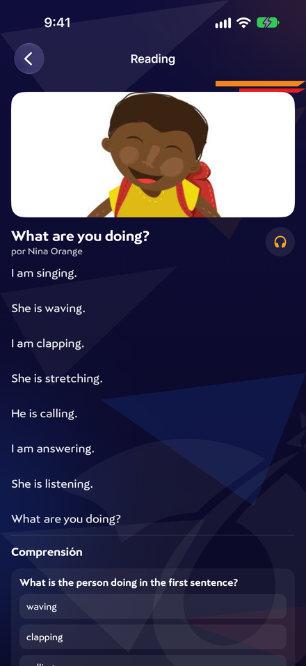 Pantalla de Reading en la app: lectura ilustrada