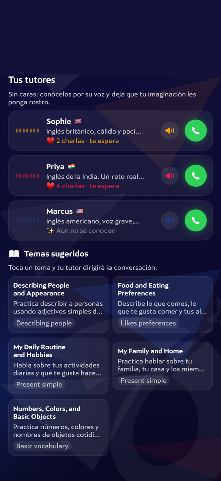 Speaking Lab de la app: tus tutores Sophie, Priya y Marcus y temas sugeridos