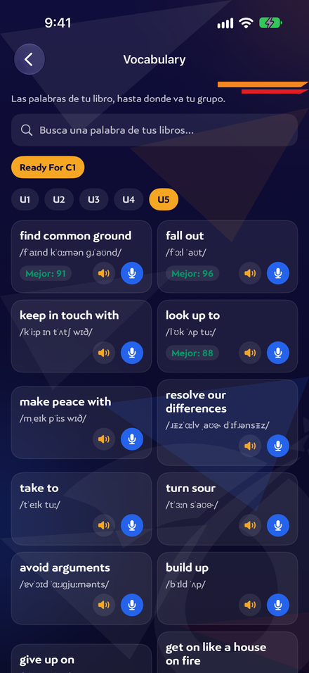 Pantalla de Vocabulary en la app: palabras de tu libro con tu mejor pronunciación
