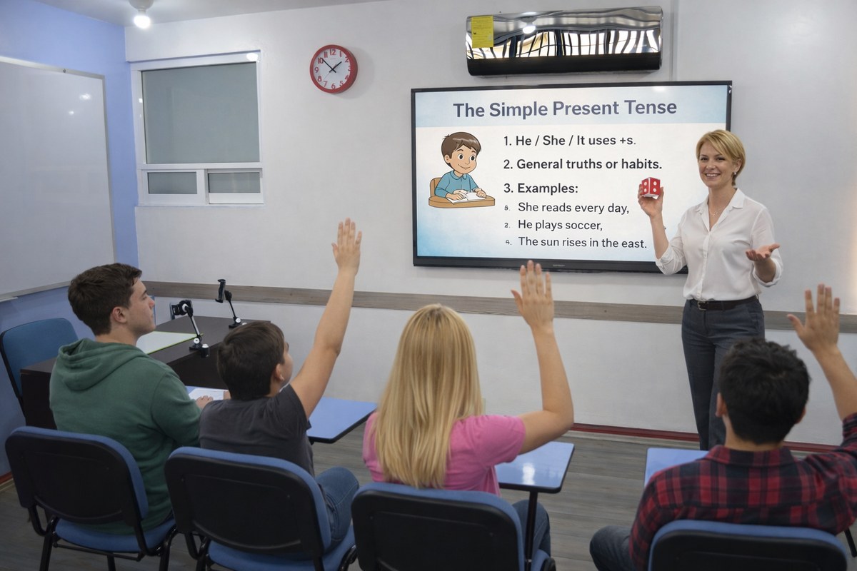 Profesora explicando Simple Present Tense con alumnos participando