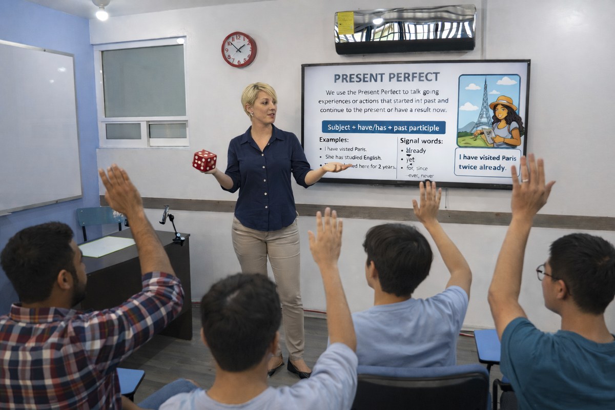 Profesora enseñando Present Perfect a grupo de adolescentes