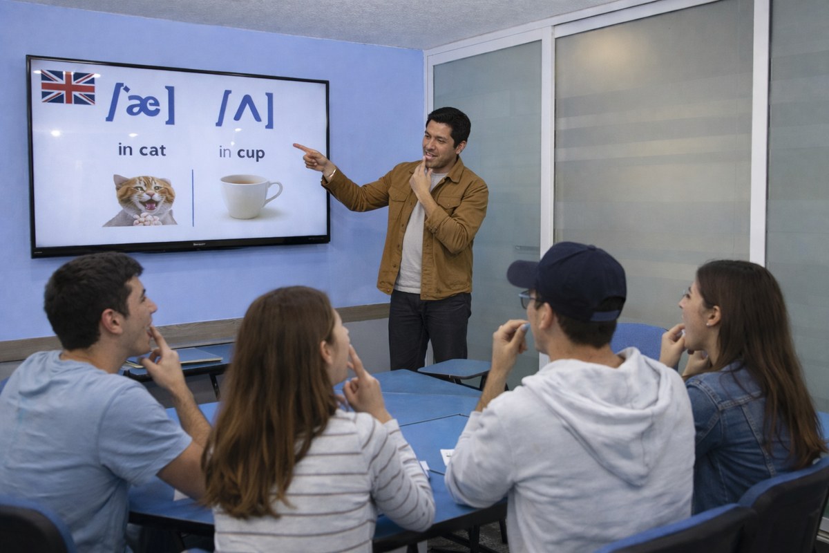 Profesor enseñando fonética inglesa con pizarra interactiva