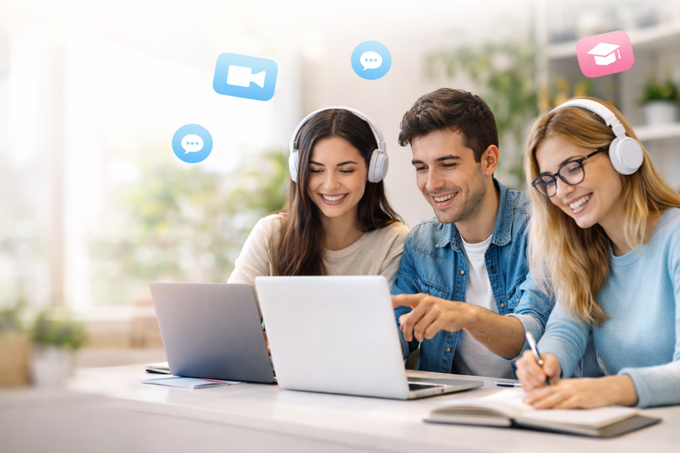 Alumnos tomando clase de inglés online en vivo