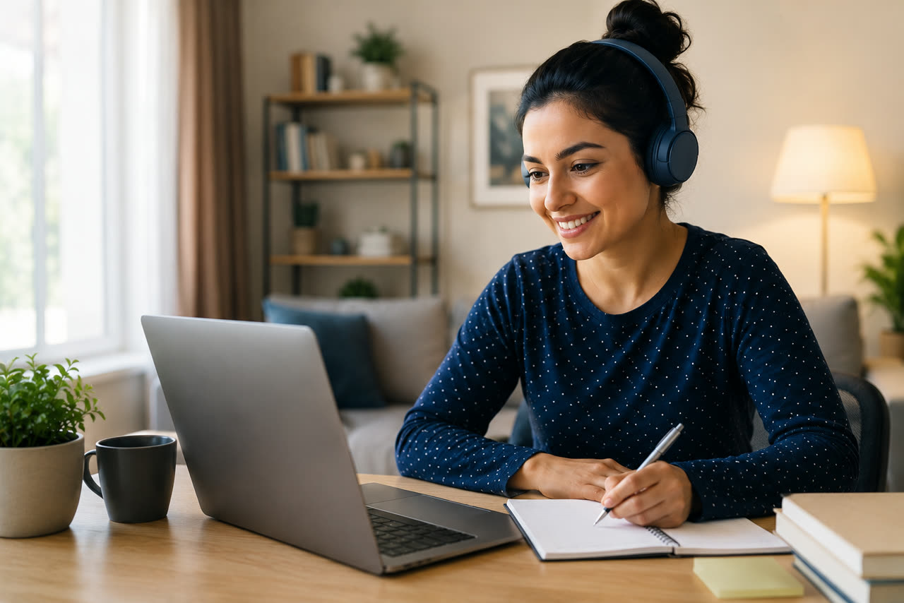 Alumna tomando su clase de inglés online en vivo desde casa